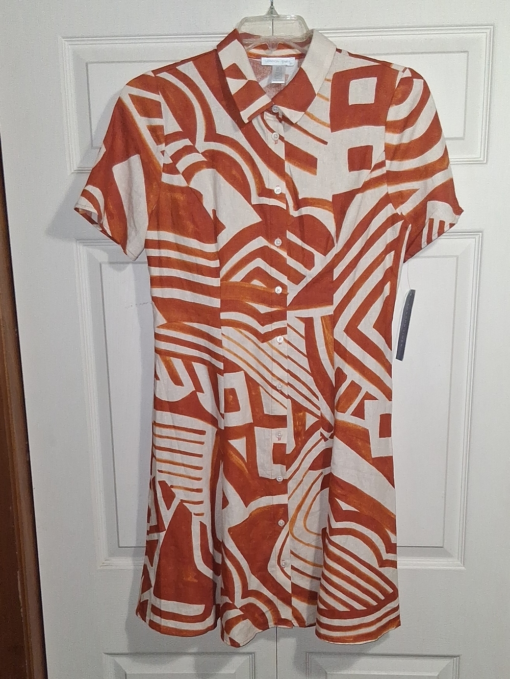 London Times Abstract Button-Front Shirt Dress - 10 - Rust Orange Cream